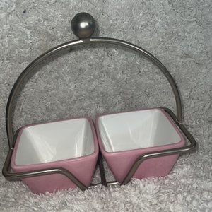 Set of 2 Pampered Chef Help Whip Cancer Square Pink Bowls PLUS Small Bowl Caddy